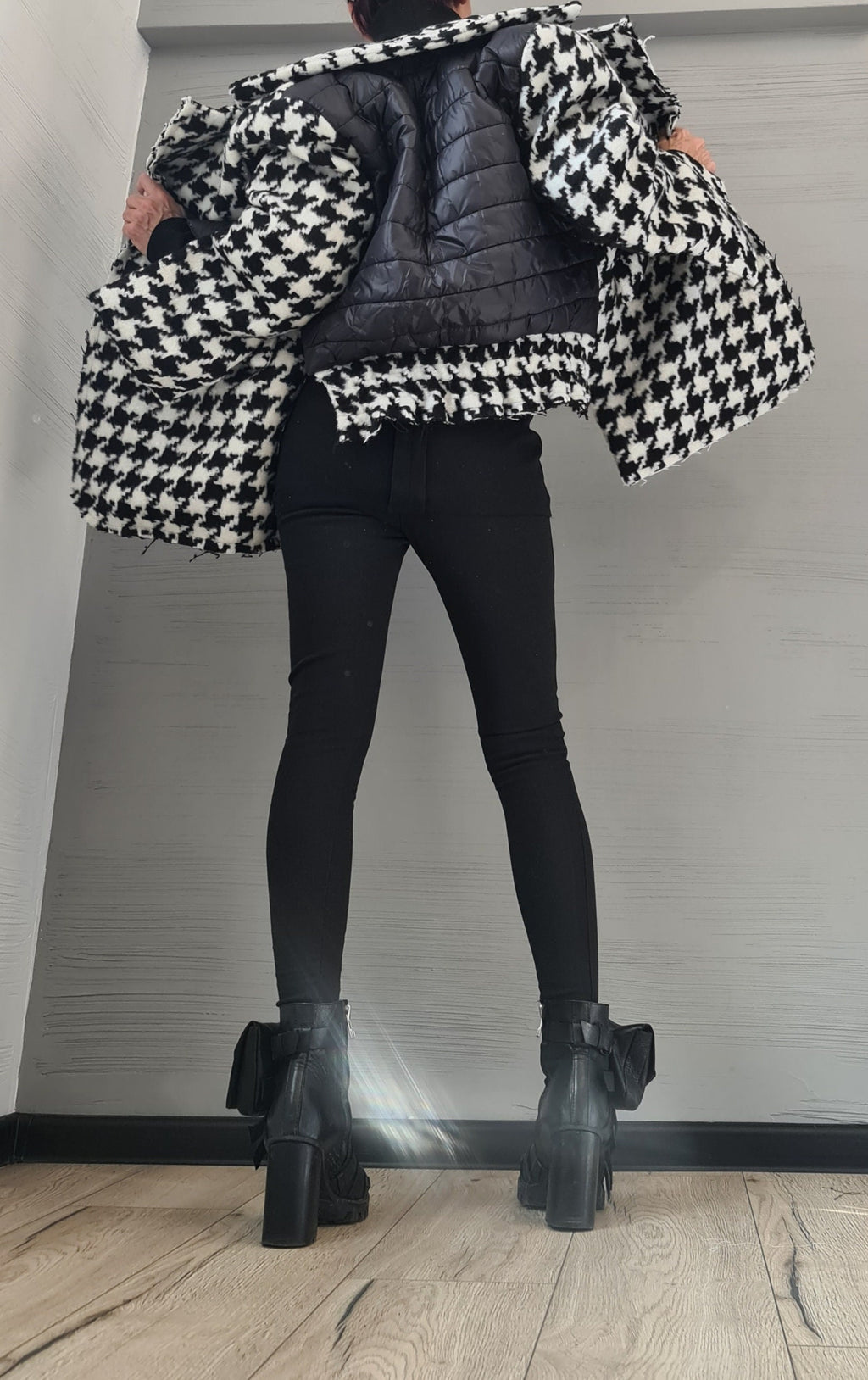 Black and White Houndstooth Wool Coat, Oversized Winter Jacket, Quilted Puffer Lining