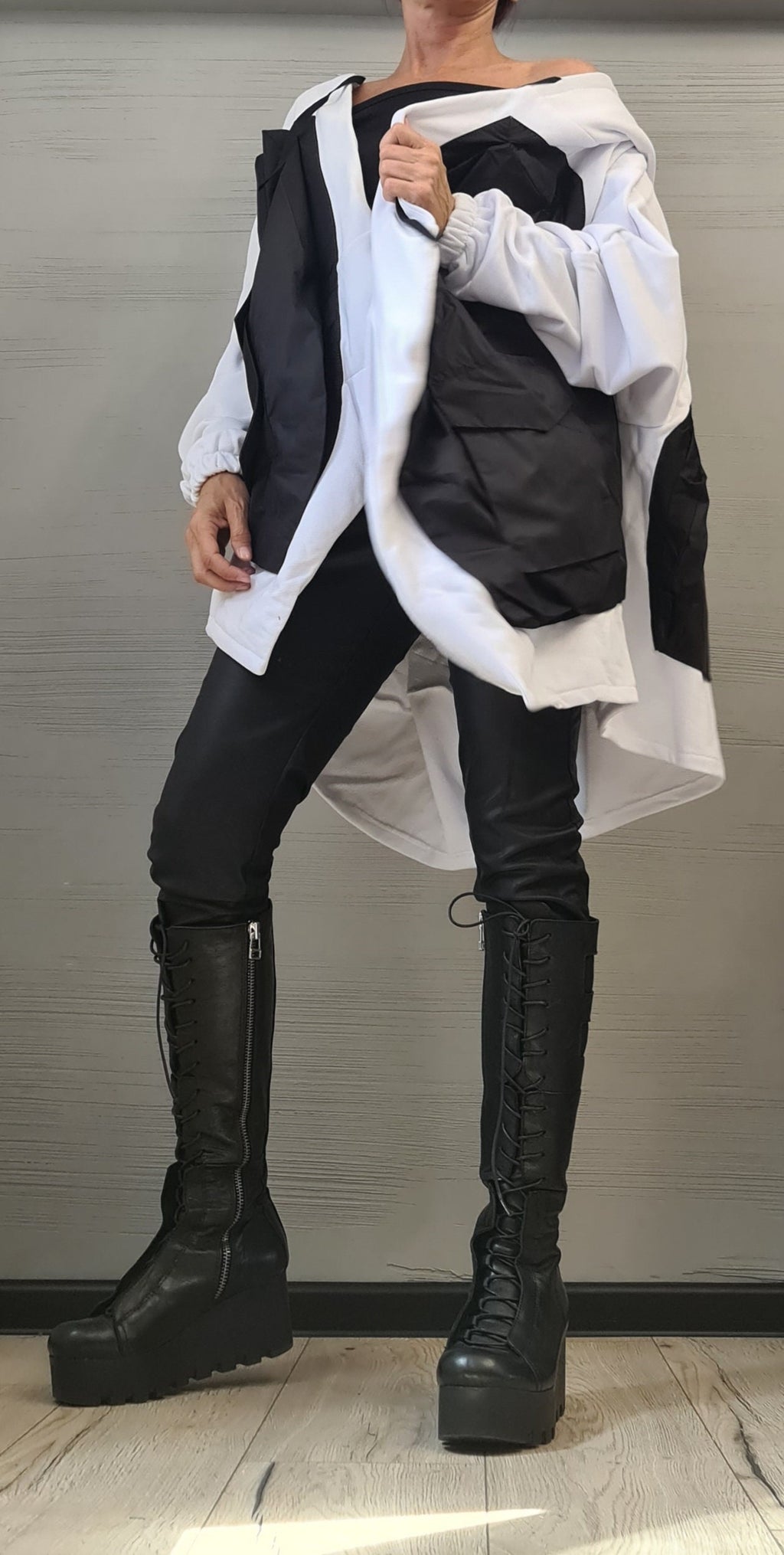 Black and White Asymmetric Cotton Poncho, Oversized Hooded Sweatshirt with Long Sleeves, Plus Size