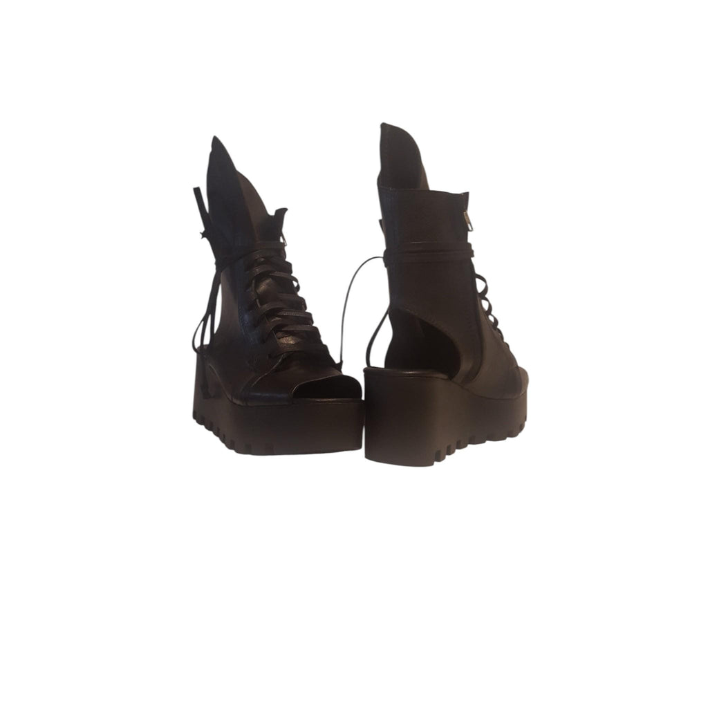 Black Asymmetrical Sandal, Platform Gothic Shoes, Open Toe Summer Combat Boots