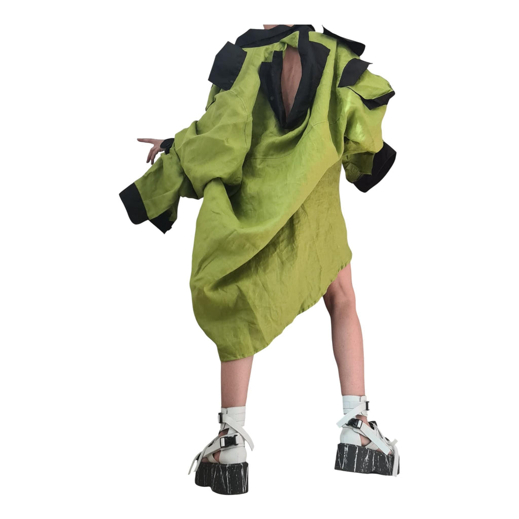 Pistachio Linen Asymmetric Tunic, Oversized Avant Garde Top, Open Back Collar Shirt, Cargo Pocket