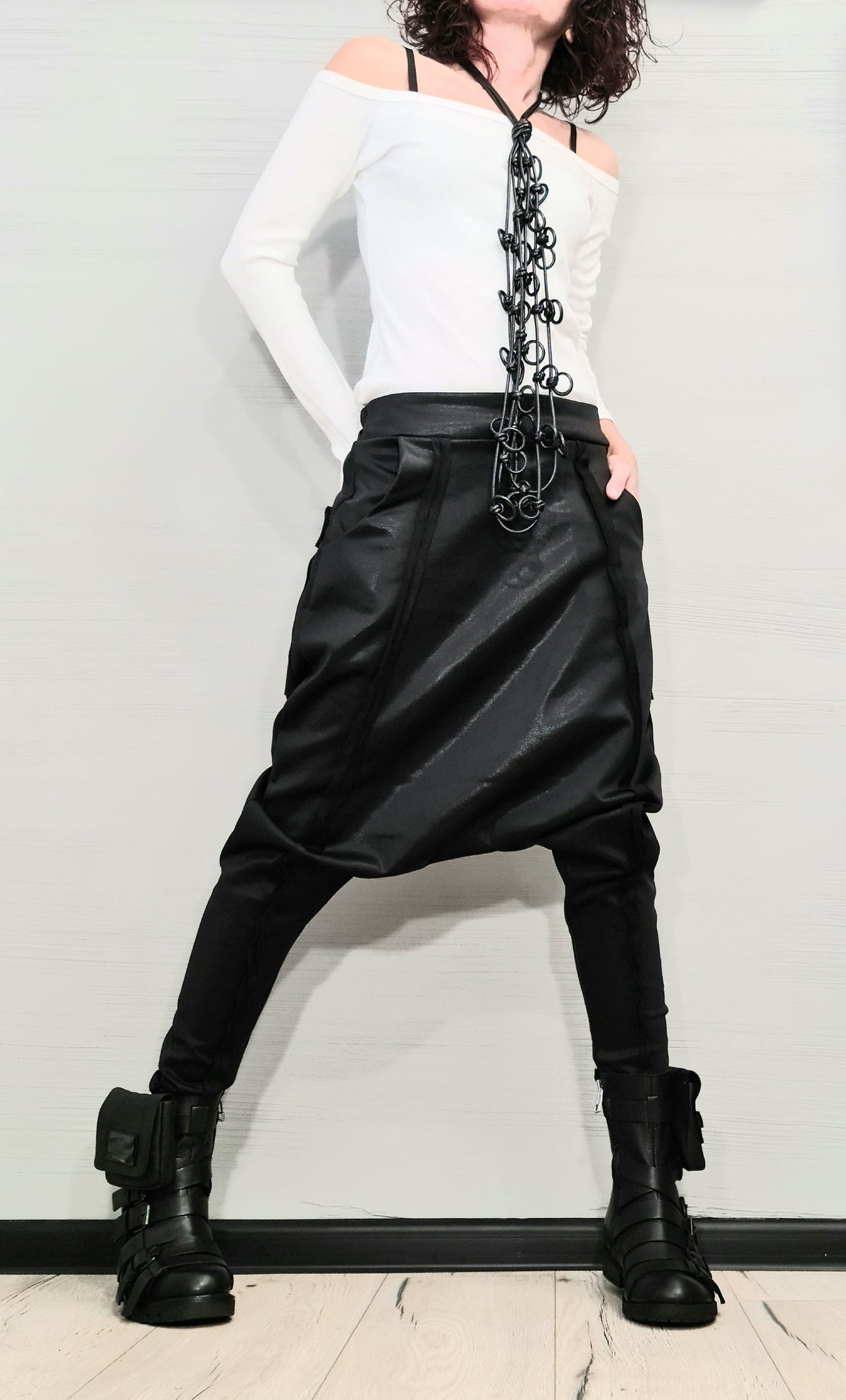 Black Neoprene Drop Crotch Pants, Tapered Harem Trousers