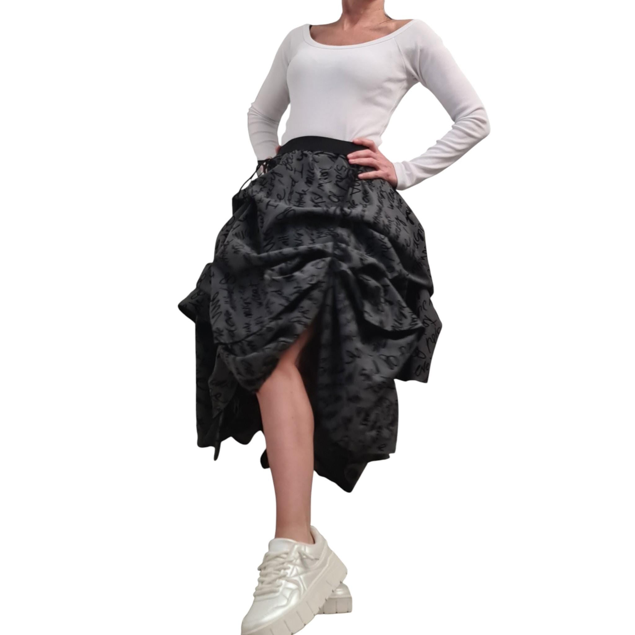 Asymmetric Maxi Skirt, Adjustable Length, Avant Garde Handmade, Balloon Silhouette ,Text Print, Knee Length