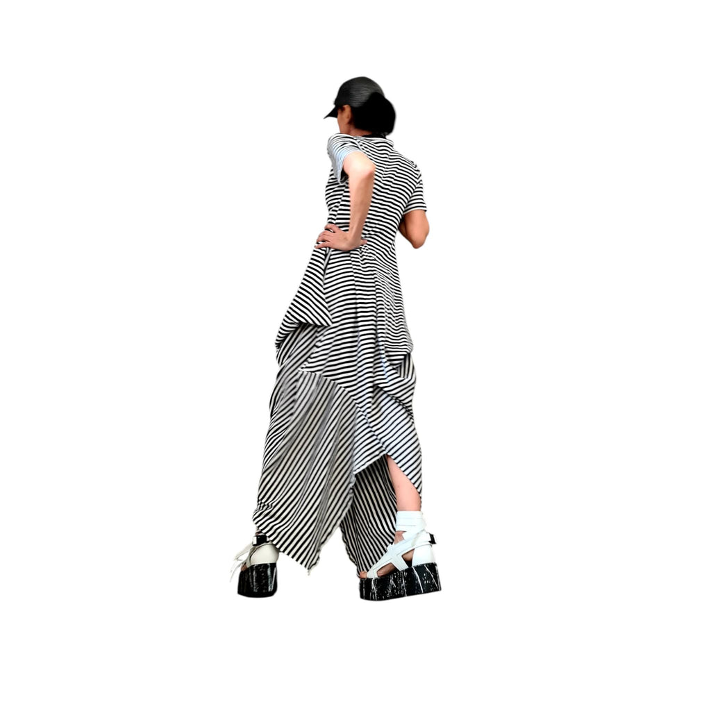 Striped Cotton Asymmetric Dress High Low Hem, Oversized Avant Garde Fashion