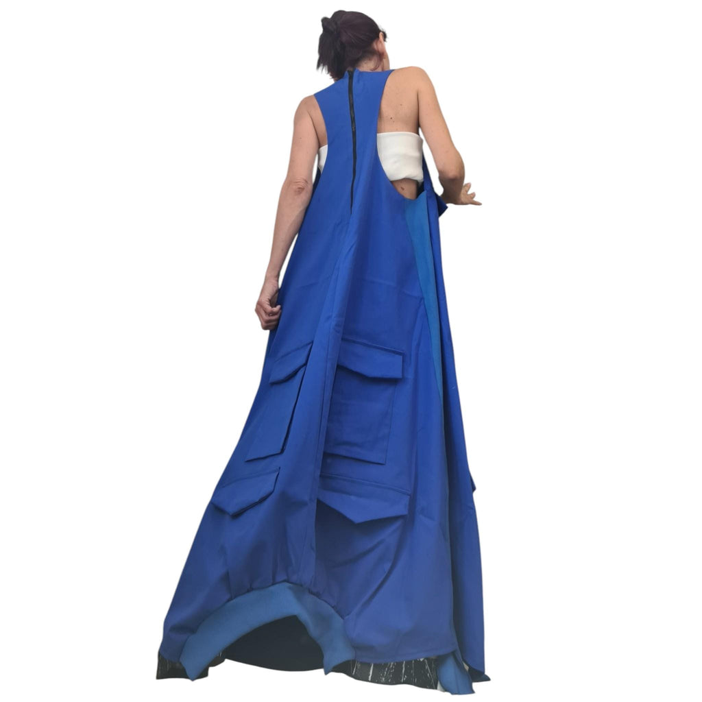 Blue Maxi Loose Dress, Pockets Asymmetric Kaftan, Sleeveless