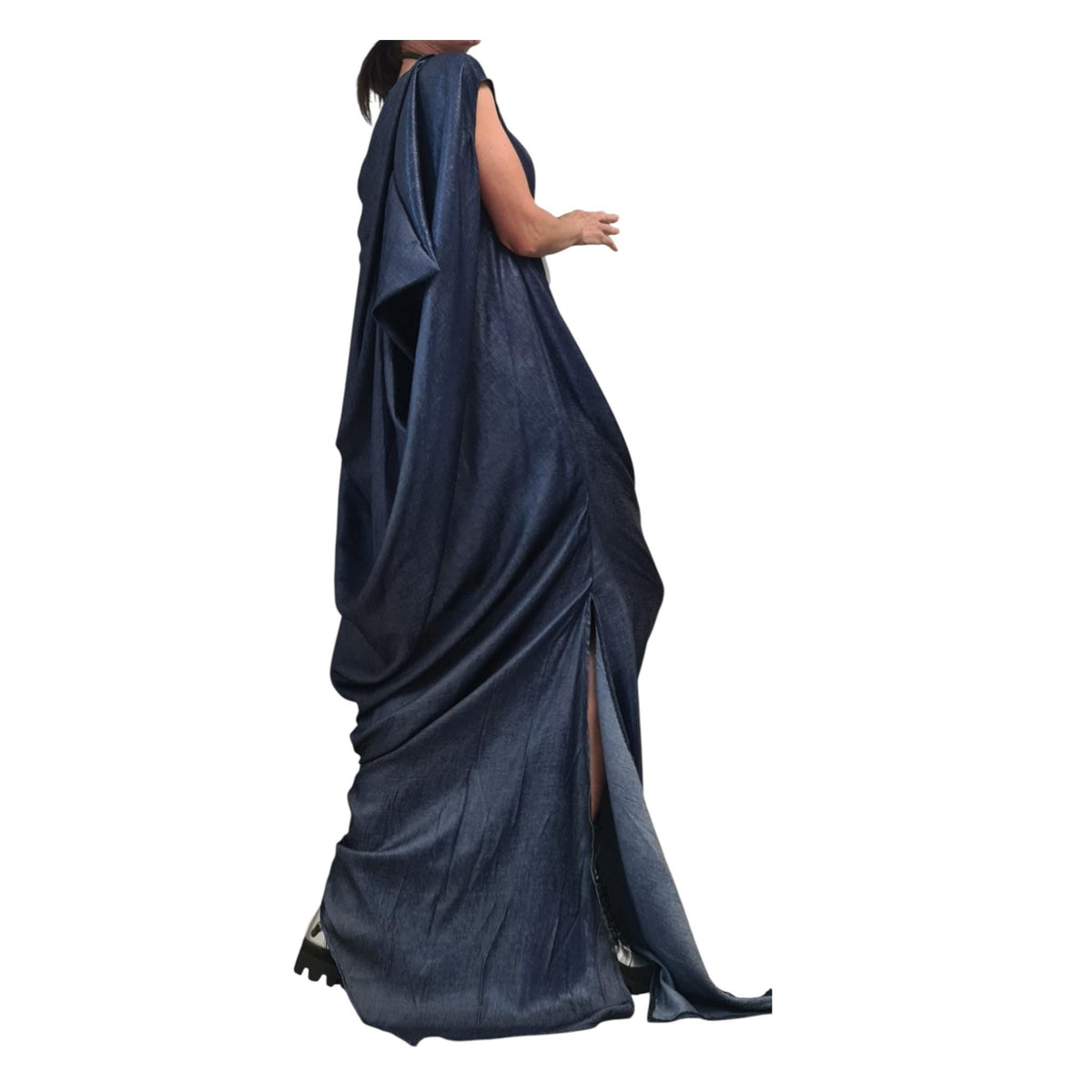 Shiny Denim Avant Garde Long Dress, One Shoulder Drape Style