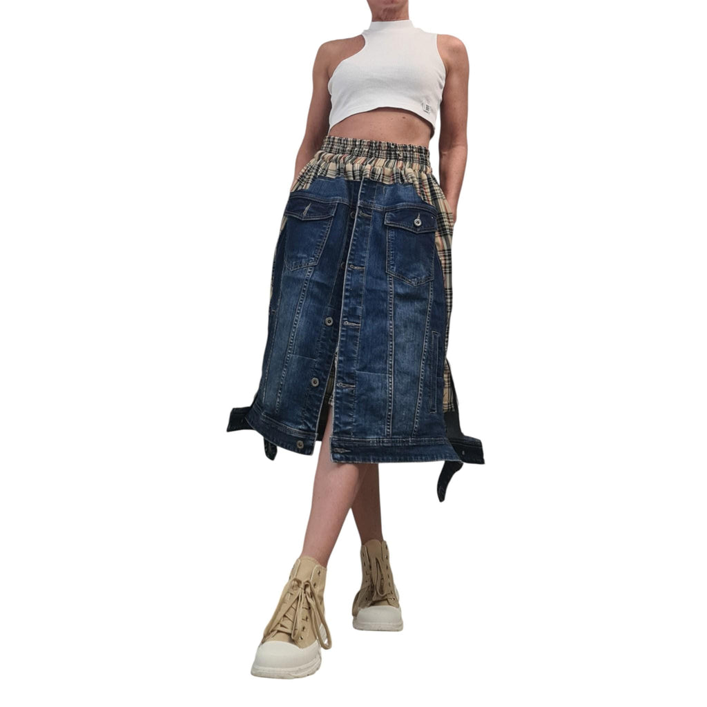 Avant Garde Denim and Plaid Midi Skirt with Cargo Style Pockets, Artistic Designer Streetwear, Handmade Custom Made Statement Fashion