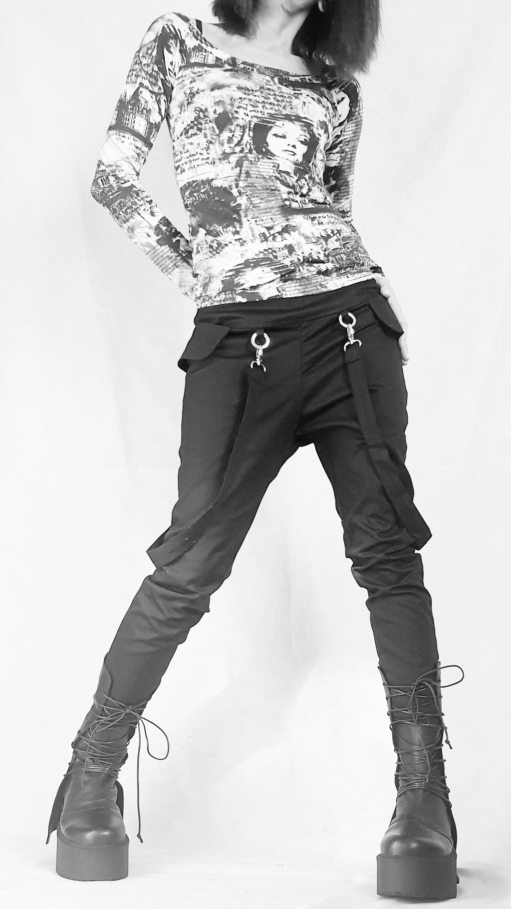 Black Slim Leg Pants, Side Pockets, Decorative Suspenders