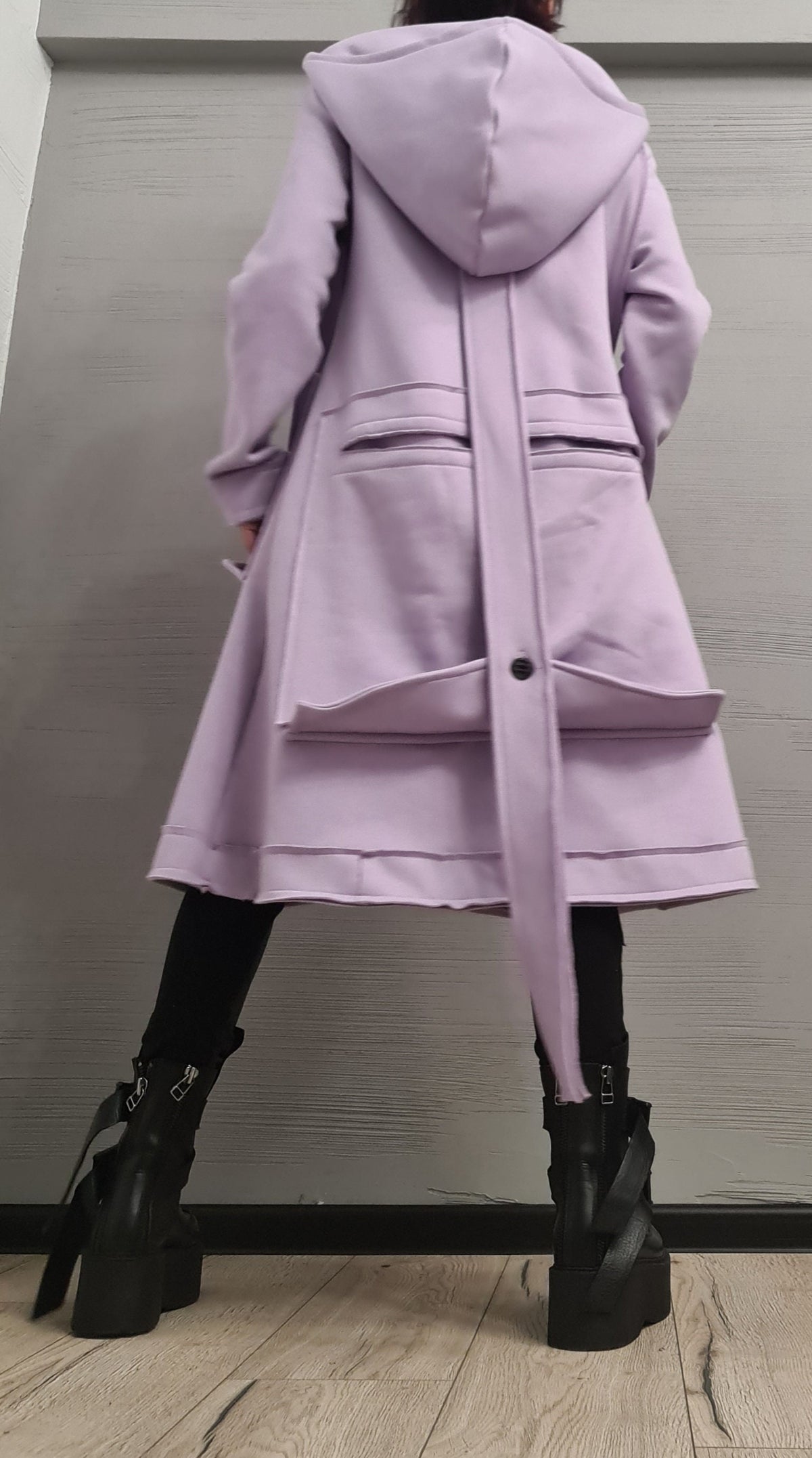 Lavender Oversized Hooded Cotton Coat, Plus Size Long Sweatshirt Jacket, Large Cargo Pockets