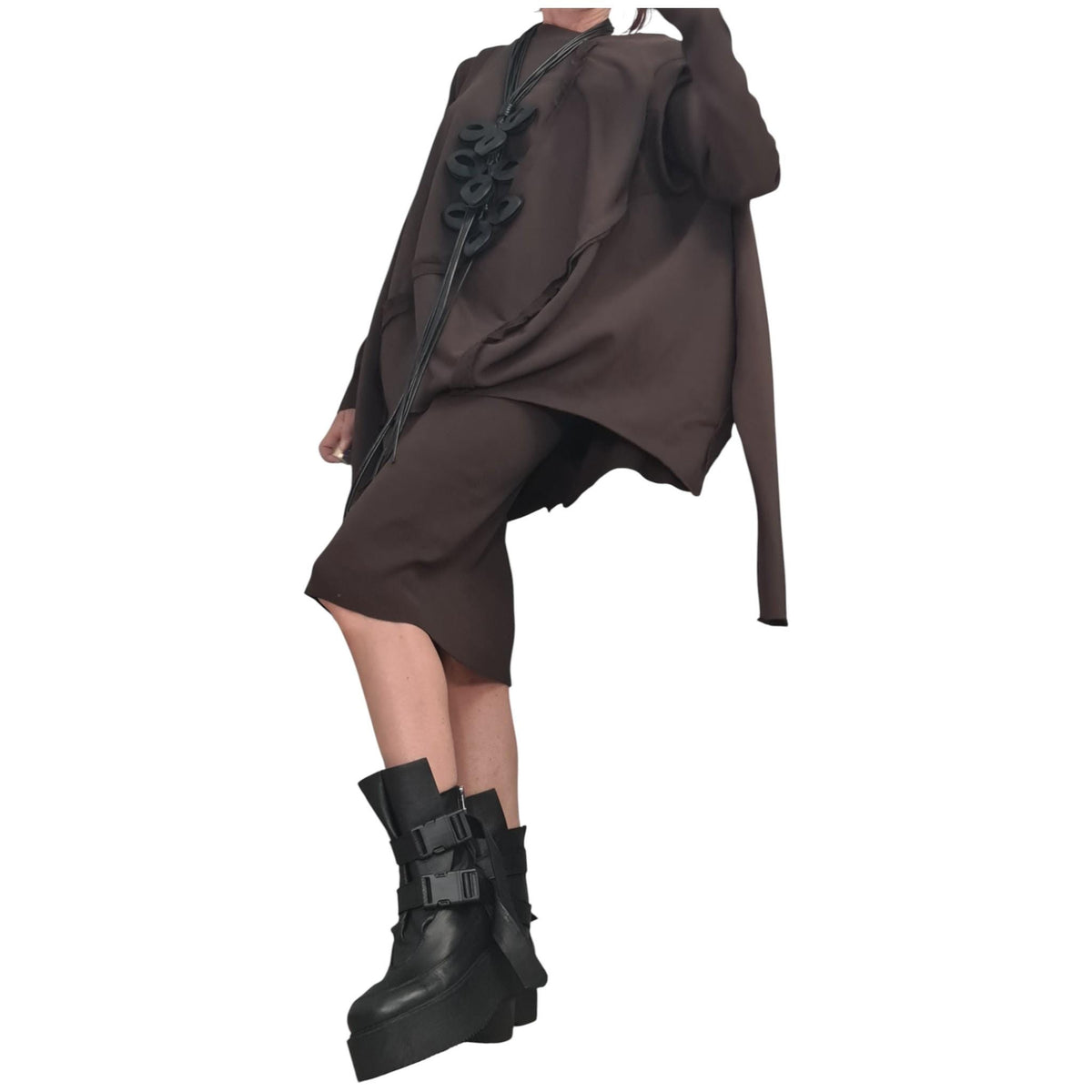 Brown Cotton Fitted Midi Dress, Oversized Asymmetrical Tunic, Layered Two-Piece Co-Ord Set, Plus Size