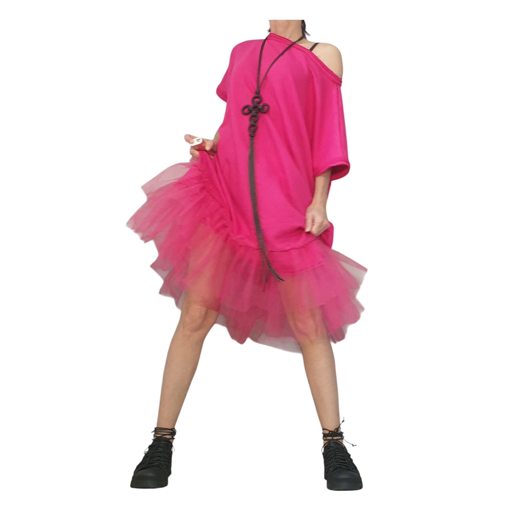 Fuchsia Asymmetrical Tulle Tunic, Cotton Avant Garde Dress, Loose Fit Plus Size Women