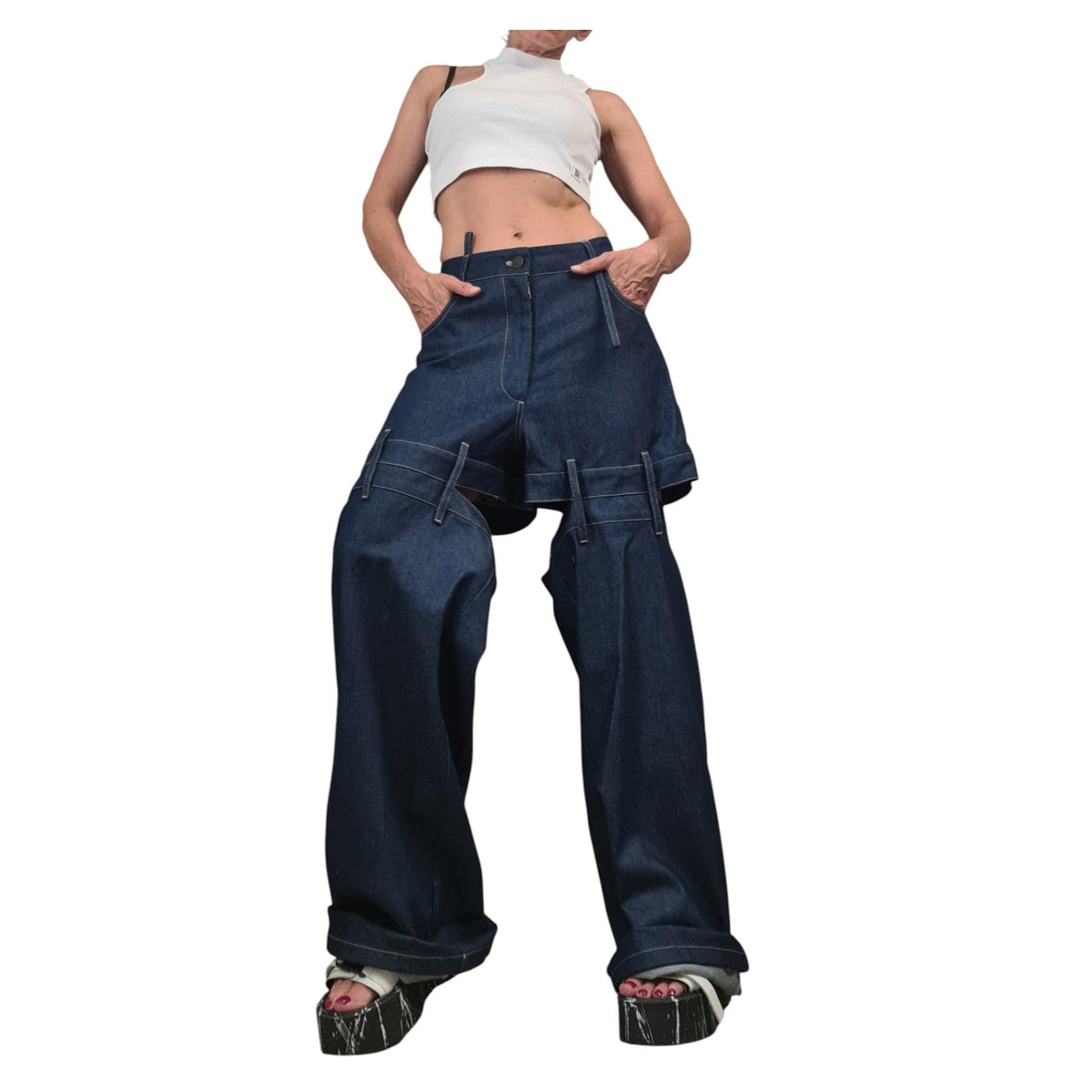 Avant Garde Deconstructed Denim Pants, Women's Drop Crotch Jeans