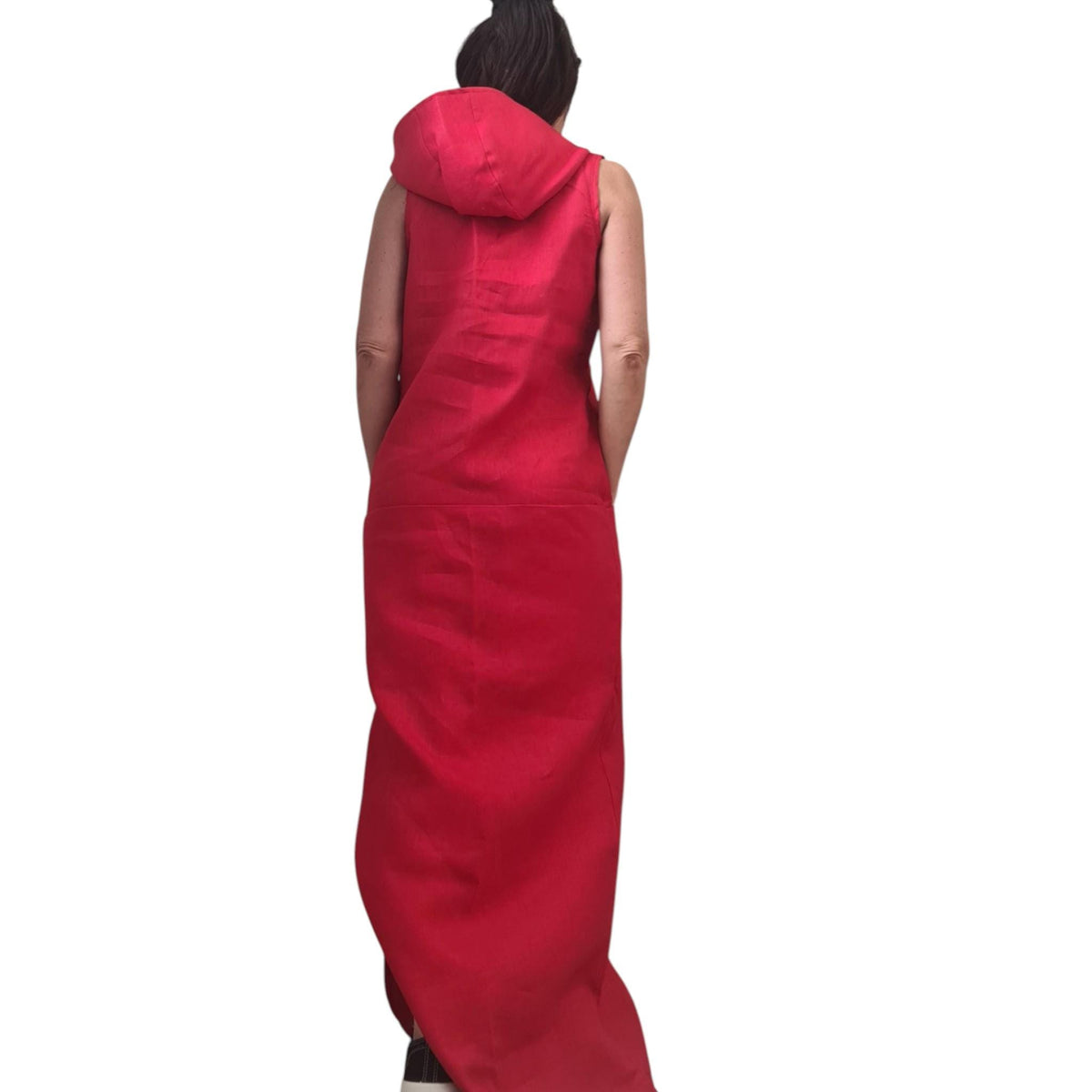 Red Linen Hooded Maxi Dress Women, Sleeveless Long Kaftan, Boho Summer Sundress