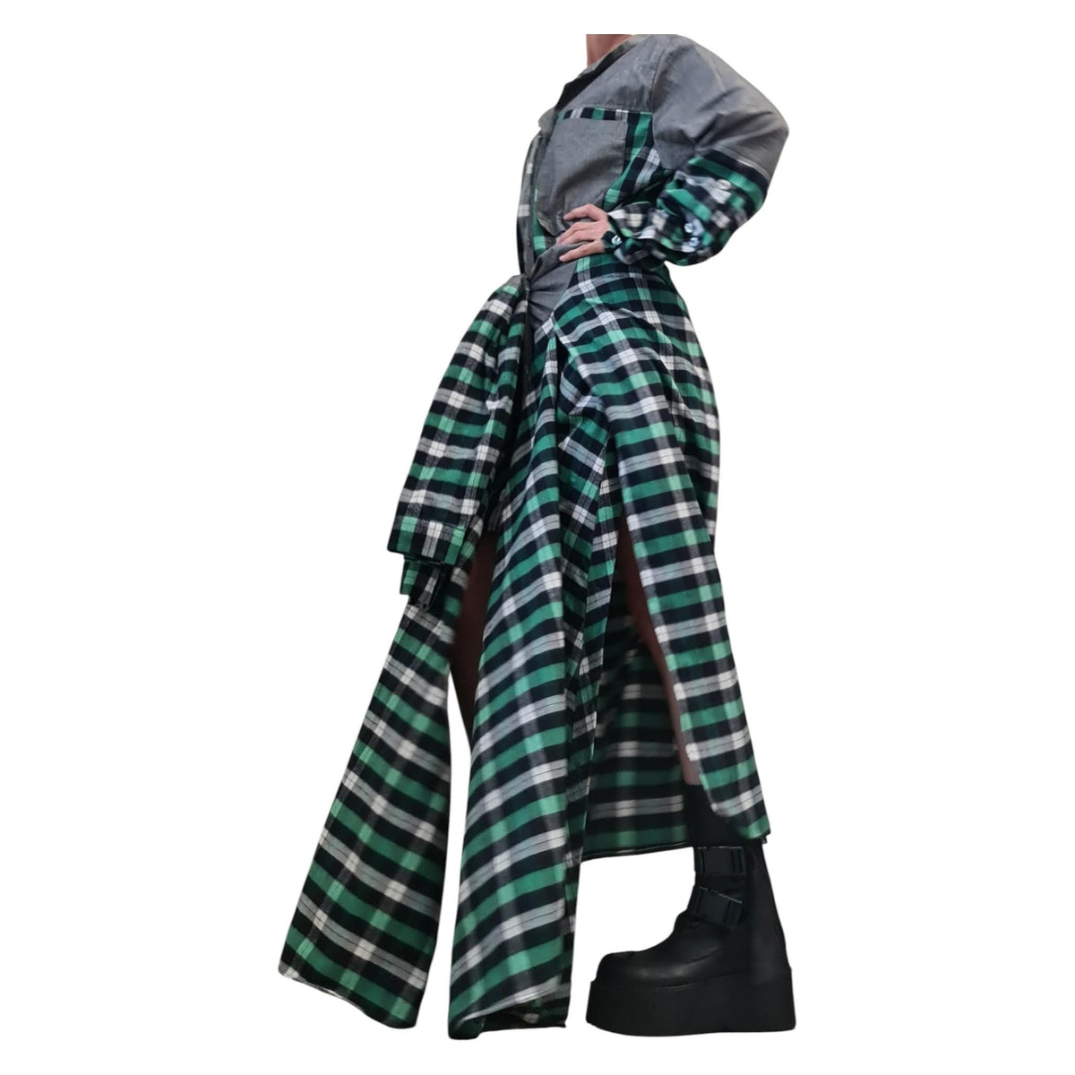 Green Plaid Shirt Dress for Women, Deconstructed Asymmetric Tunic, Oversize Avant Garde Handmade Clothing