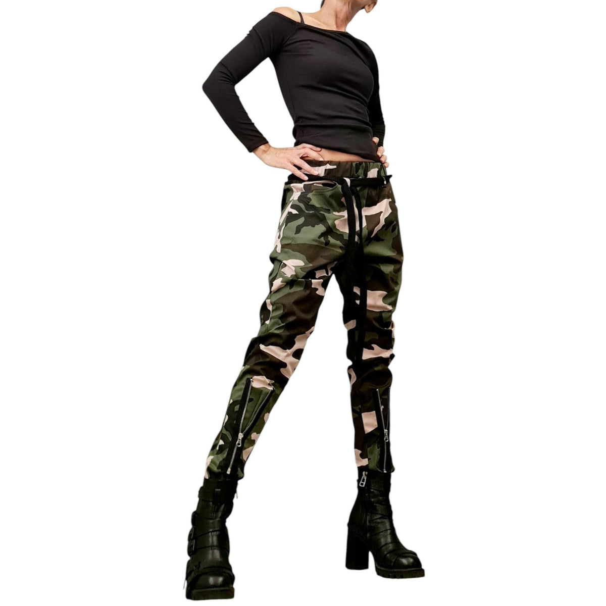 Camouflage Harem Pants, Straight Leg Trousers, Adjustable Zip Hem