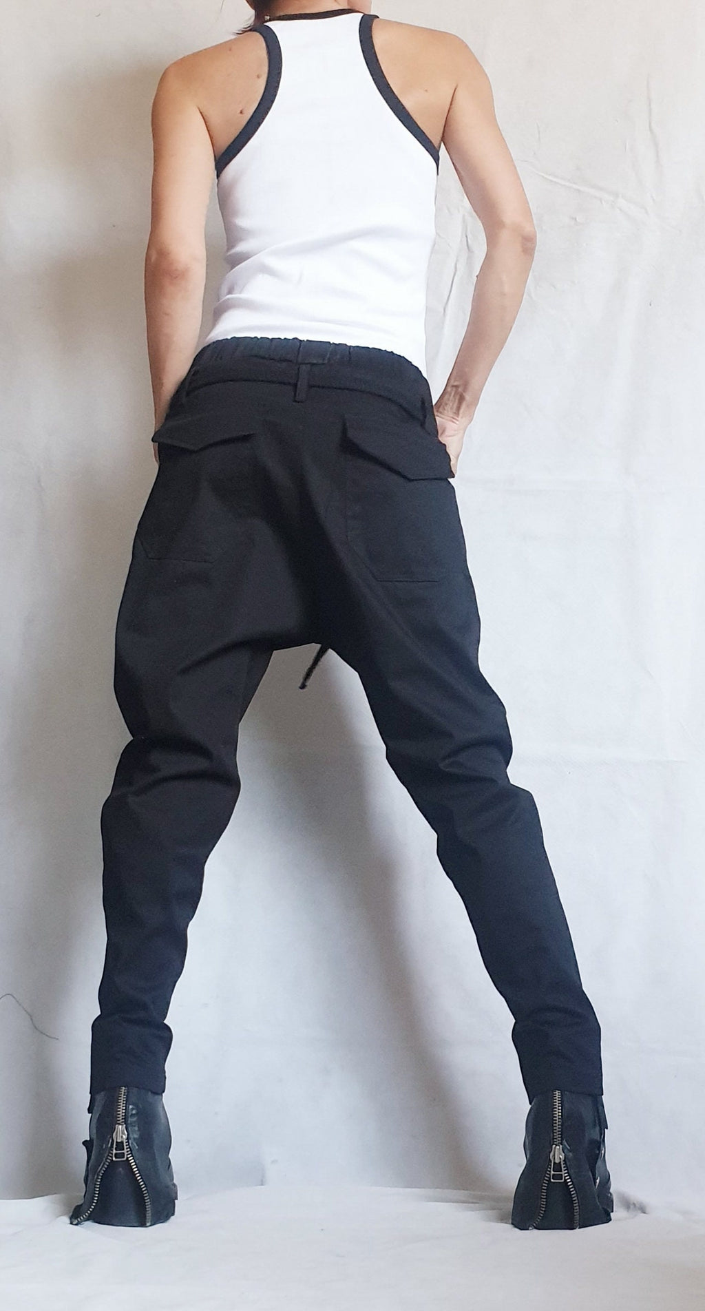 Black Drop Crotch Trousers, Zip Detail Pants for Tapered Leg