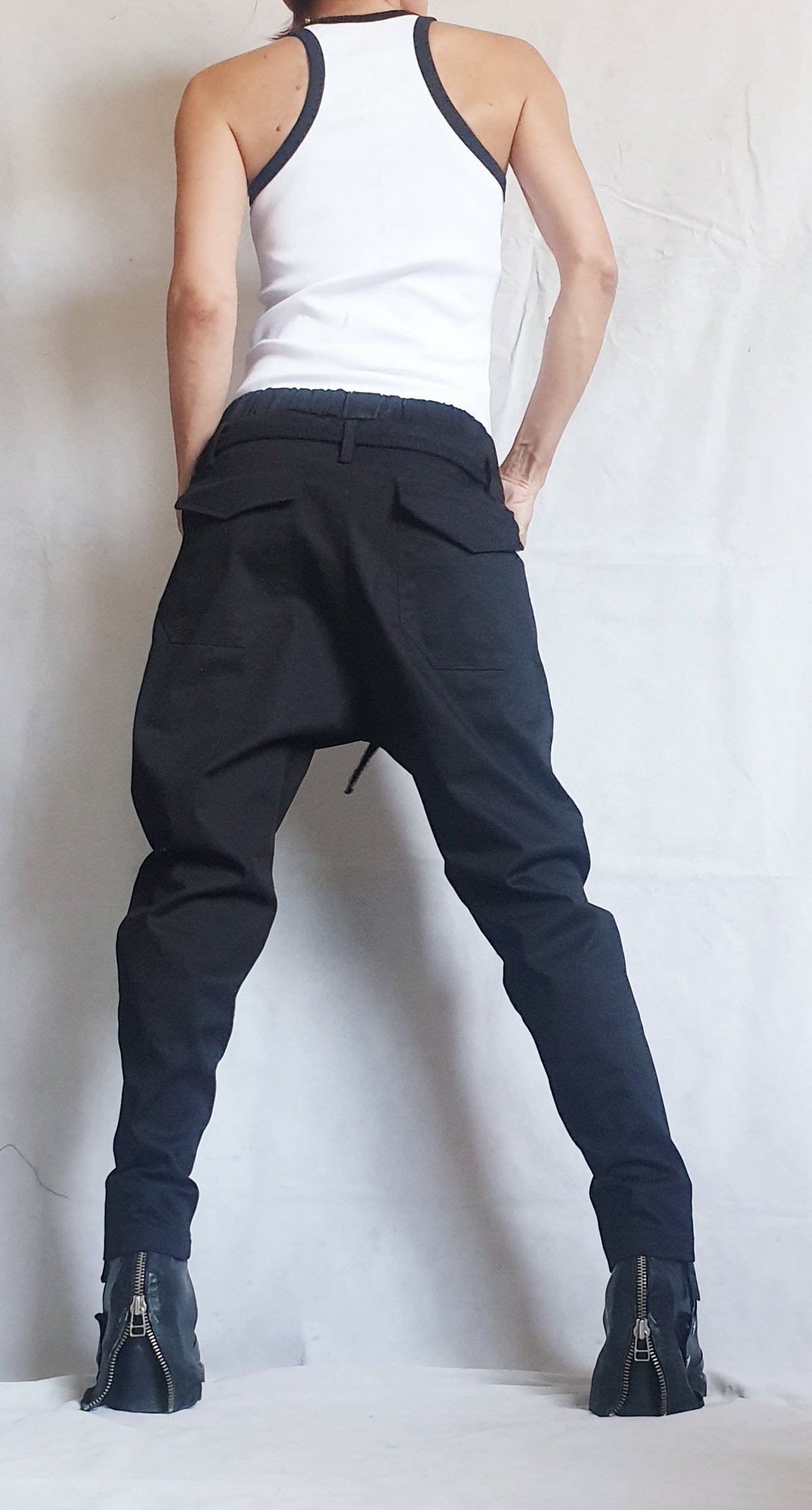 Black Drop Crotch Trousers, Zip Detail Pants for Tapered Leg