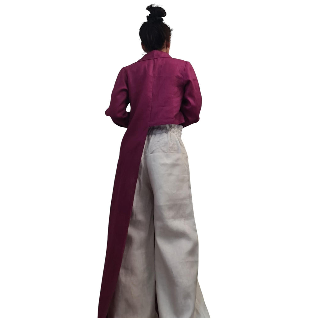 Magenta Linen Shirt, One Shoulder Asymmetrical High Low Tunic for Women