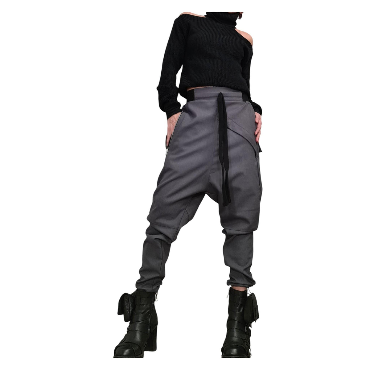 Grey Cargo Harem Pants, Utility Pockets, Tapered Leg