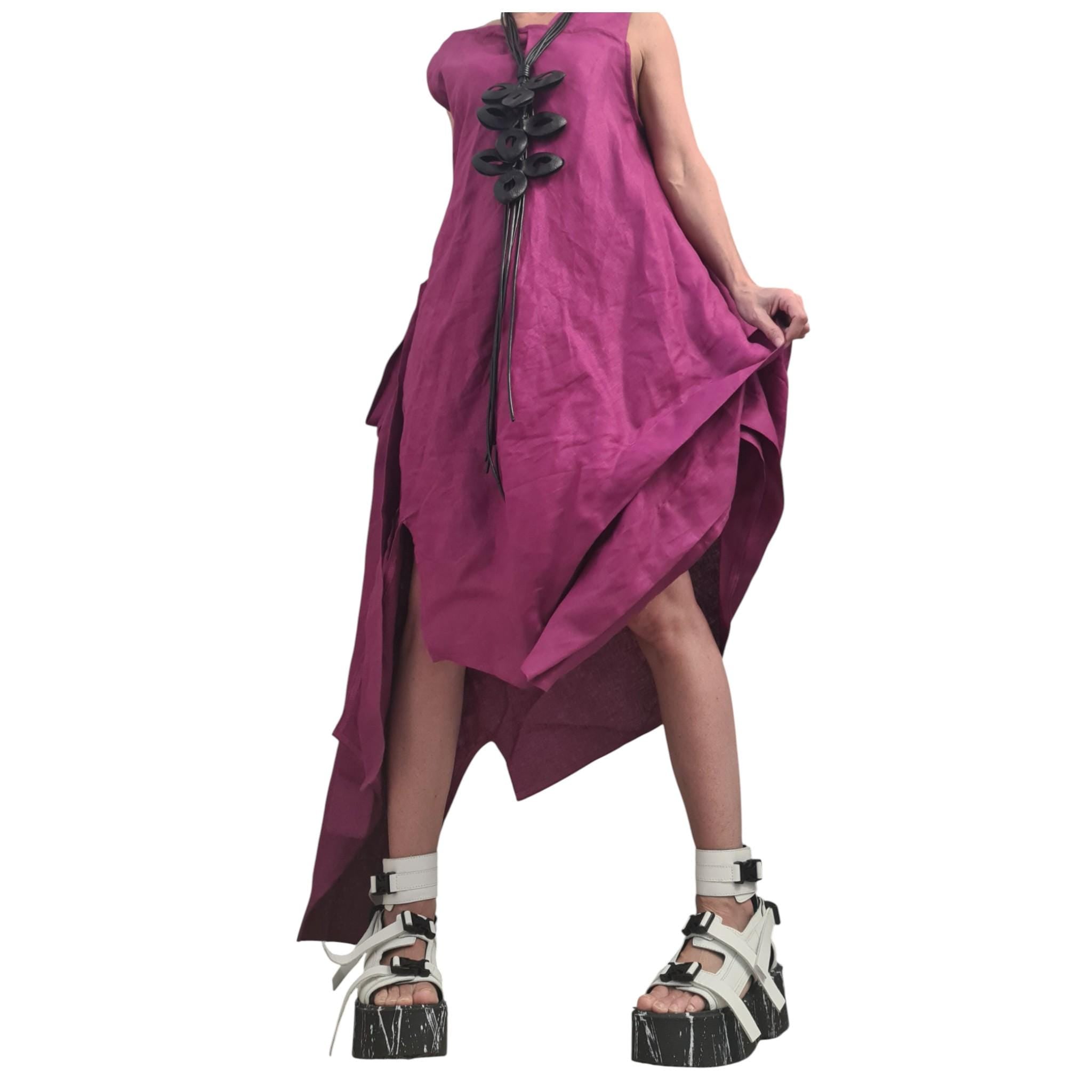 Plum Purple Linen Maxi Dress, Asymmetric Oversized Sleeveless Dress