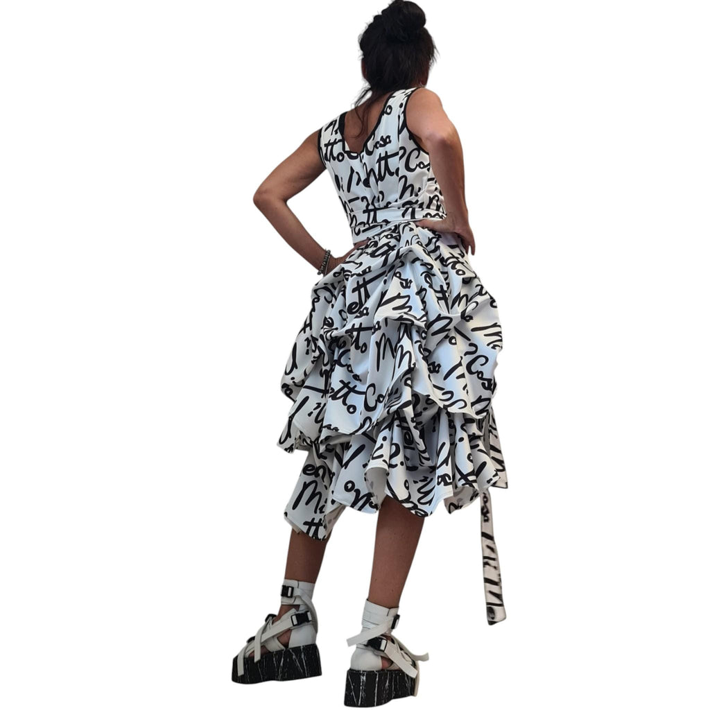 White Cotton Satin Midi Dress, Adjustable Hem, Black Print Party Wedding Guest Dress