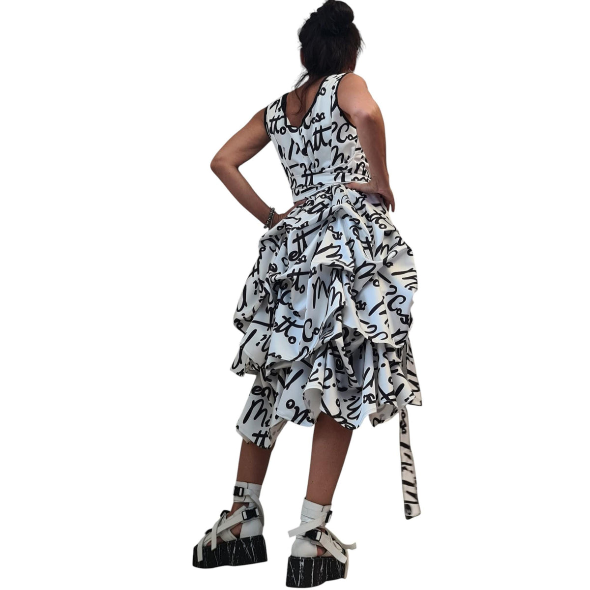 White Cotton Satin Midi Dress, Adjustable Hem, Black Print Party Wedding Guest Dress