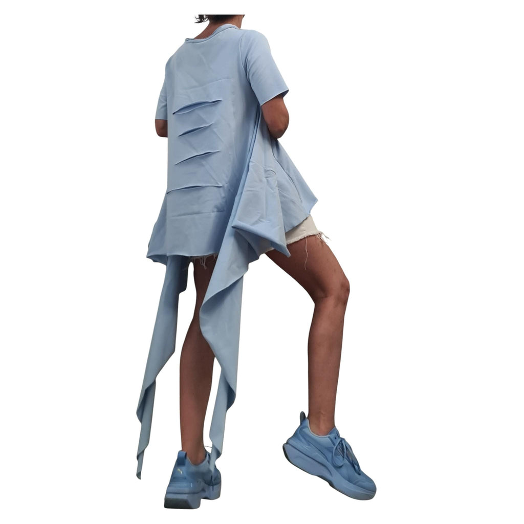 Avant Garde Light Blue Deconstructed Tunic, Asymmetric Loose Blouse, Short Sleeve