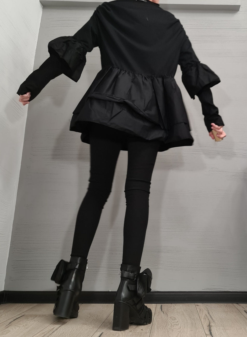 Black Oversize Cotton Blouse | Asymmetric Sleeves with Shirting Ruffles | fashion for women | architectural