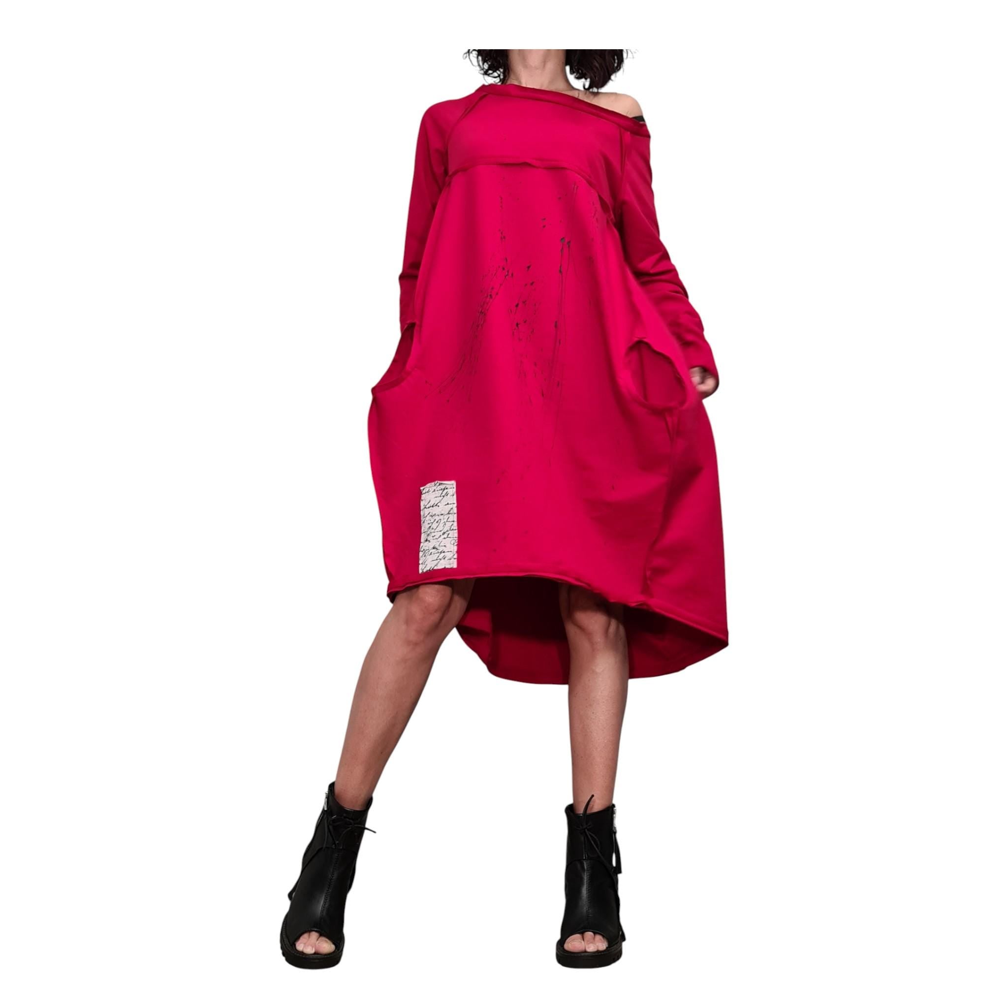 Red French Terry Off Shoulder Dress, Oversized Sweatshirt Tunic Dress for Women, Asymmetric Balloon