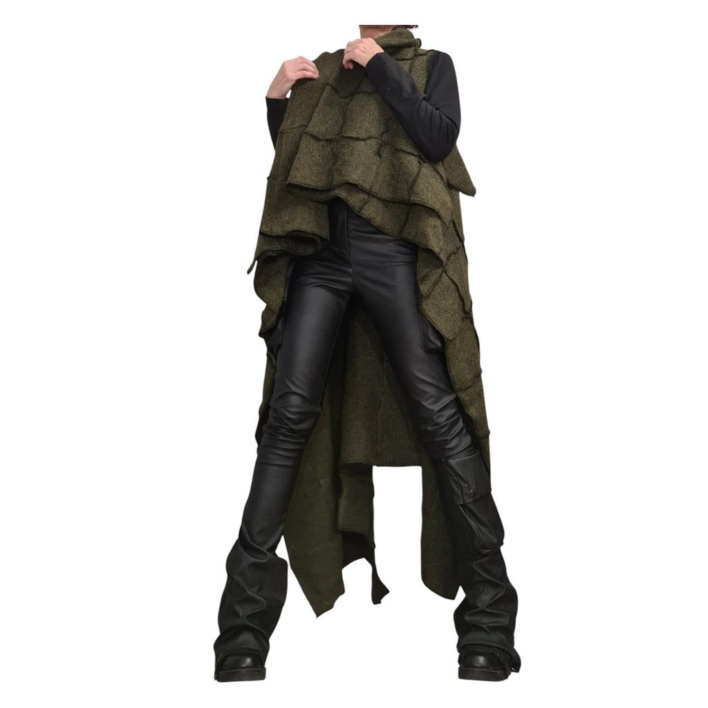 Military Green Mohair Cardigan, Asymmetric Maxi Knitted Vest, Oversized Sweater