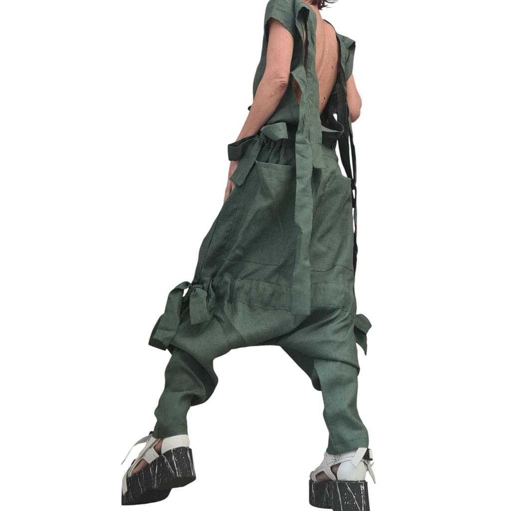 Olive Oil Asymmetric Linen Woman Jumpsuit, Wide Leg Harem Sleeveless Loose Overall