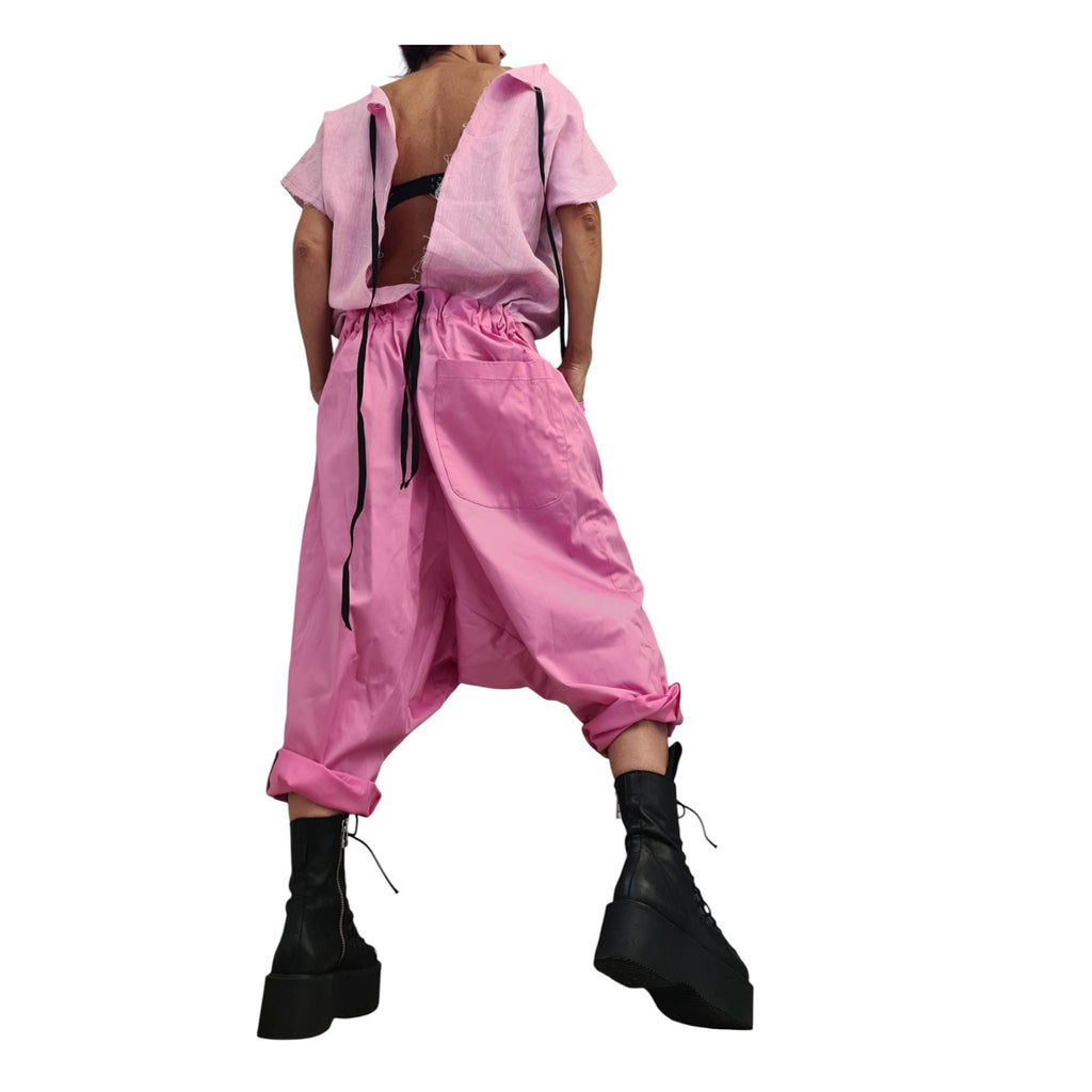 Baby Pink Harem Jumpsuit, Open Back Linen Top, Loose Satin Drop Crotch Overall Women
