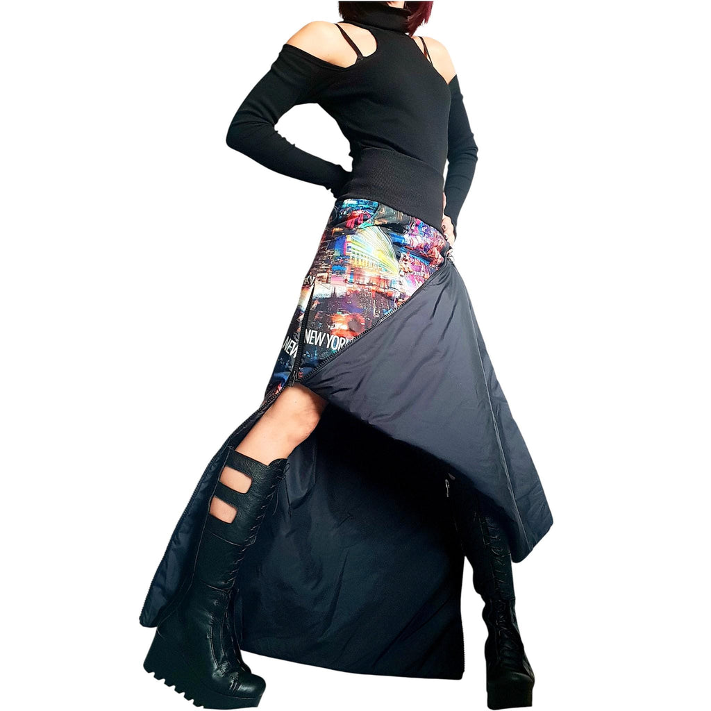 Asymmetric Winter Skirt, New York City Print, Gothic Style A-Line Skirt