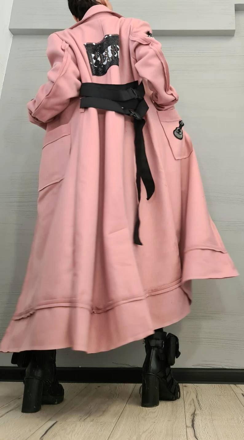 Black Asymmetrical Maxi Coat, Double Buckle Belt, Decorative Appliqués, Flared Winter Overcoat