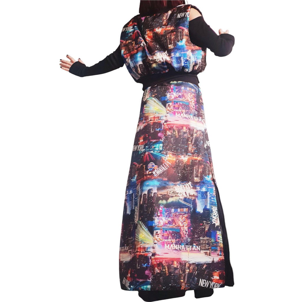 Asymmetric Winter Skirt, New York City Print, Gothic Style A-Line Skirt