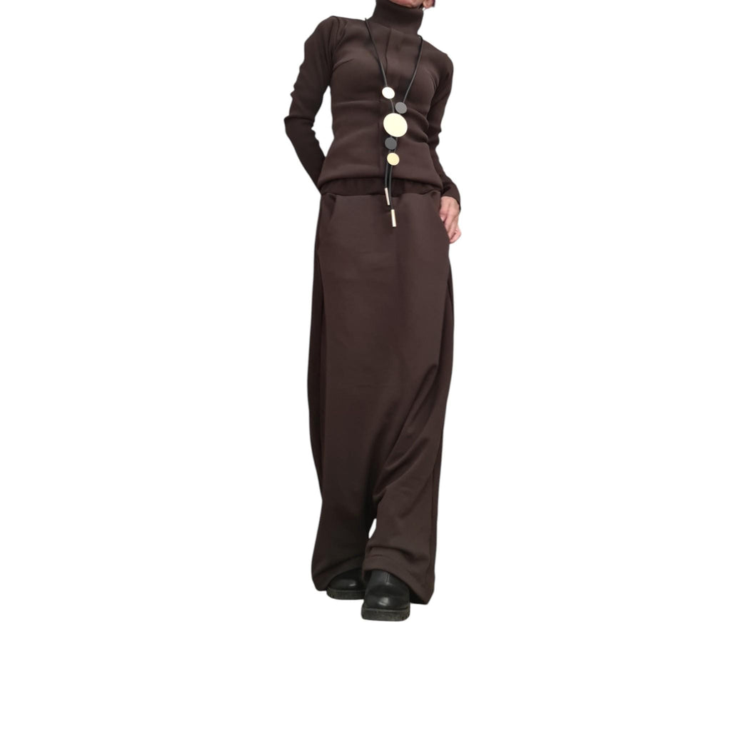 Brown Cotton Floor-Length Harem Pants, Extreme Drop Crotch, Fitted Turtleneck Long-Sleeve Top, Co-Ord Set
