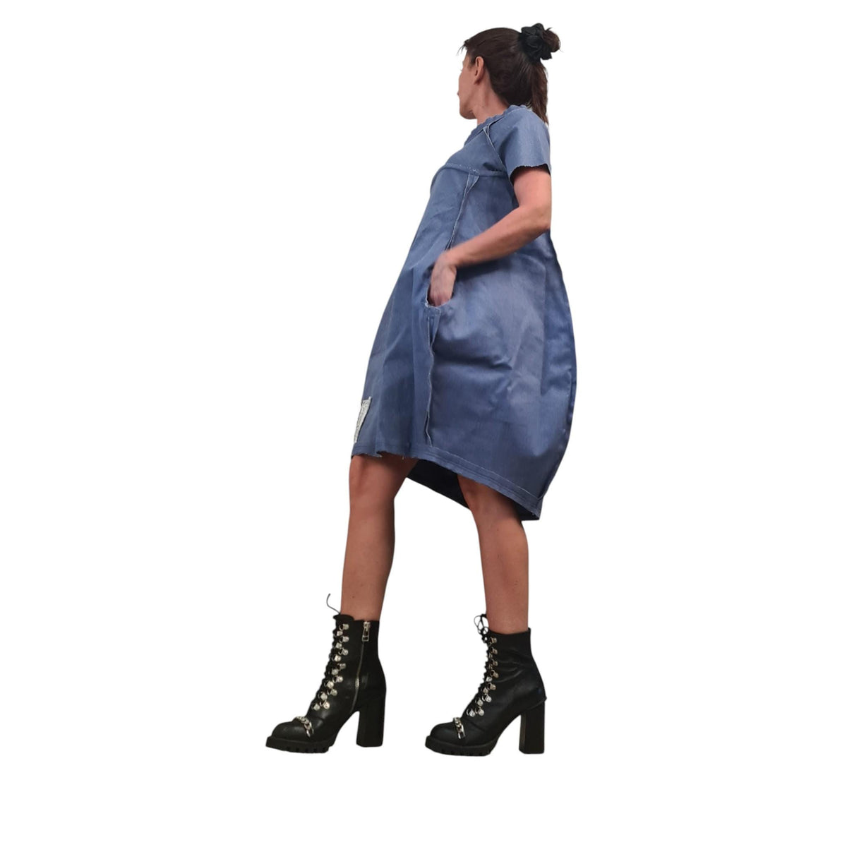Avant Garde Denim Dress, Asymmetrical Cotton Tunic, Pockets, Extravagant Denim, Outside seams