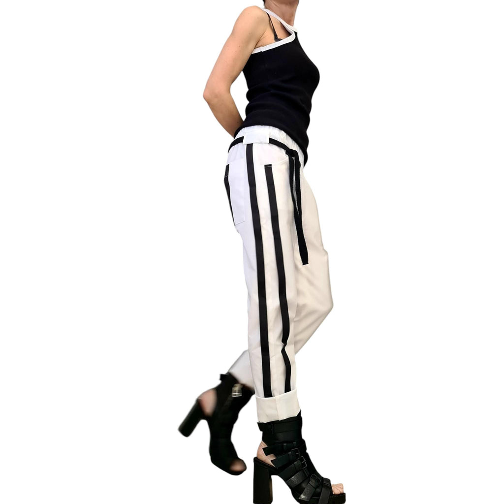 White Cotton Tapered Pants, Double Side Stripes, Drop Crotch