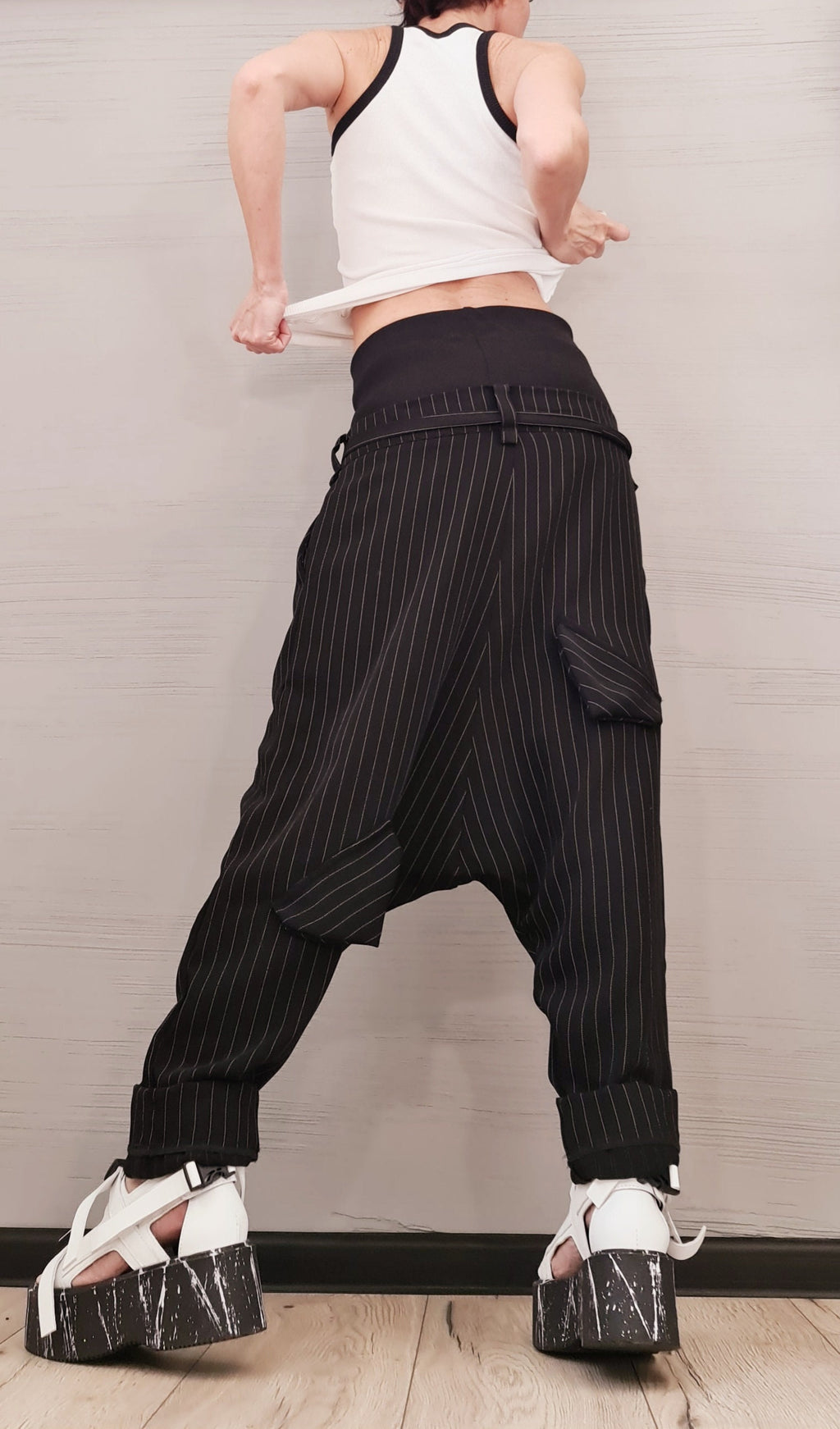 Black Pinstripe Harem Pants, Double Waistband, Tapered Leg Trousers