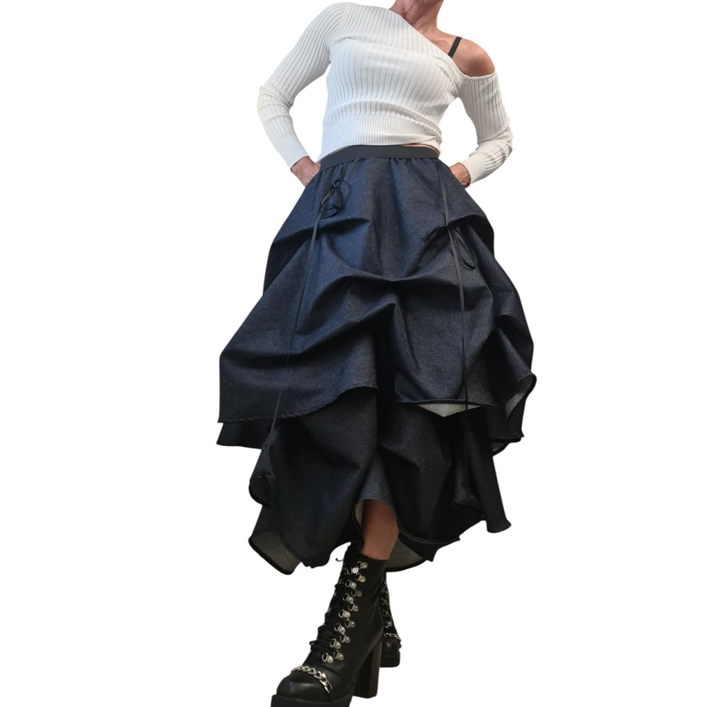 Blue Denim Skirt Women, Rave Outfit, Asymmetric Midi Skirt, Adjustable Hem, Burning Man Fashion