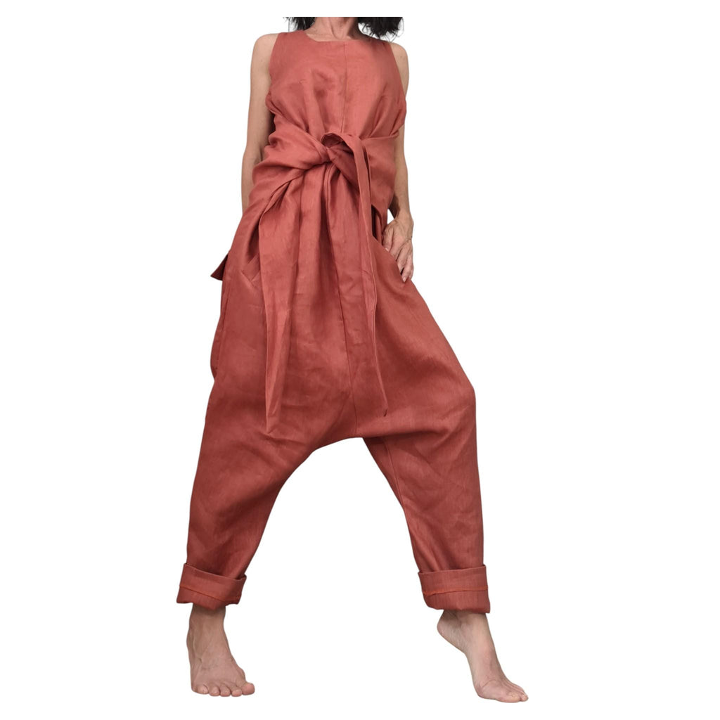 Terracotta Linen Jumpsuit, Asymmetric Harem Wide Leg, Loose Fit, V-Back