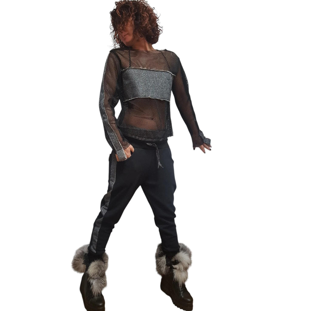 Black Drop Crotch Pants, Asymmetrical Long Sleeve Mesh Blouse, Metallic Trim Two Piece Co-Ord Set