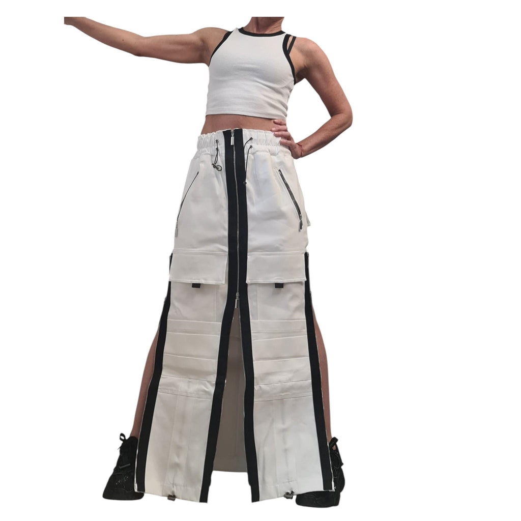 White Denim Maxi Skirt, Black Zipper Details, Cargo Pocket Skirt Avant Garde Clothing