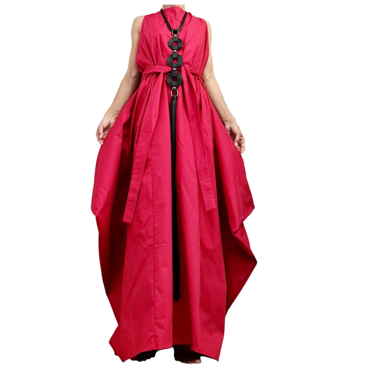 Red Backless Maxi Dress, Sleeveless Evening Wide Silhouette, Adjustable Design, Plus Size