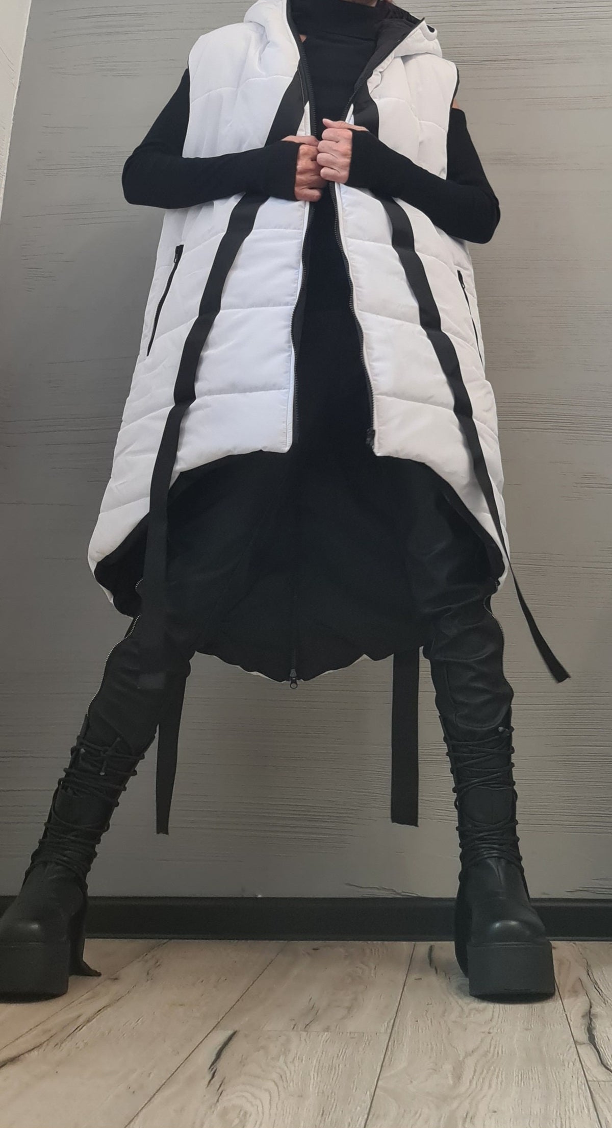 White Oversized Hooded Puffer Vest, Asymmetrical Sleeveless Winter Coat, Black Stripes, Plus Size