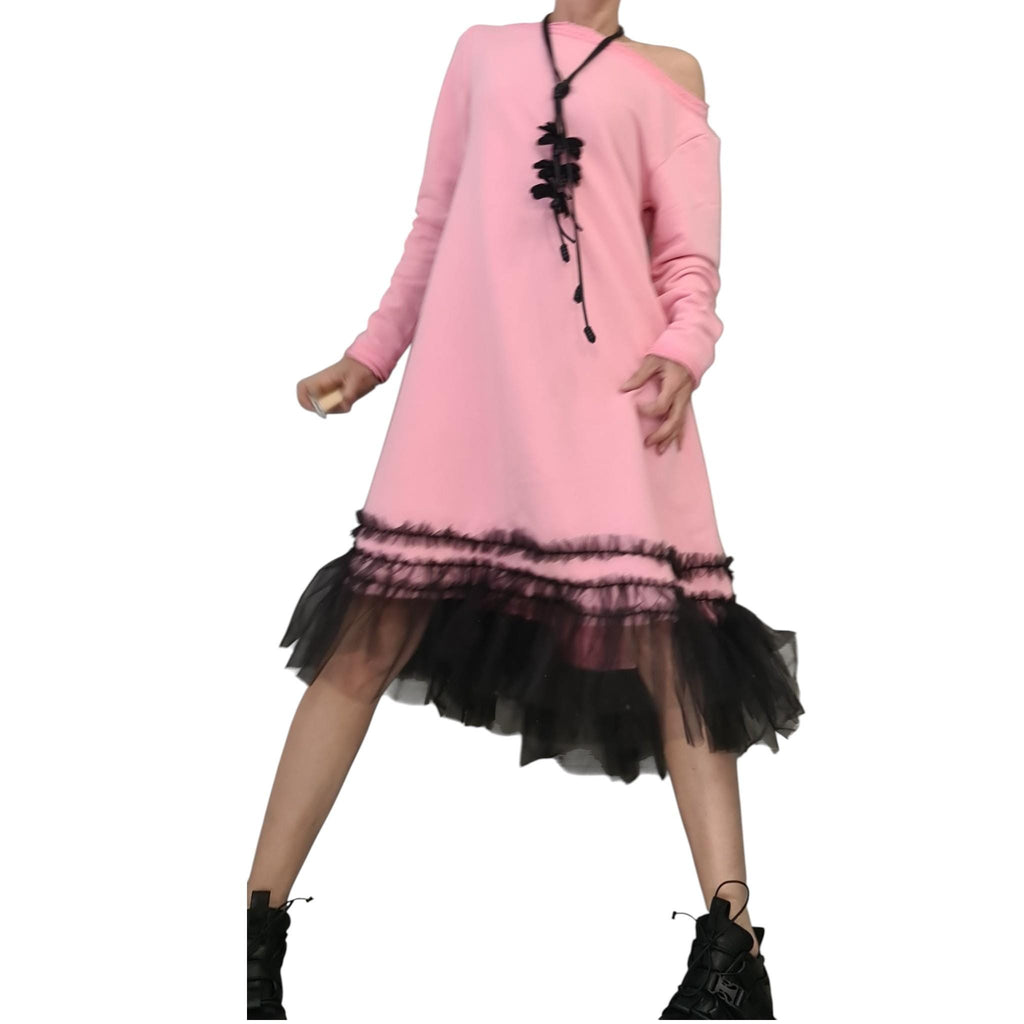 Baby Pink Loose Cotton Tulle Dress, Oversize Tunic