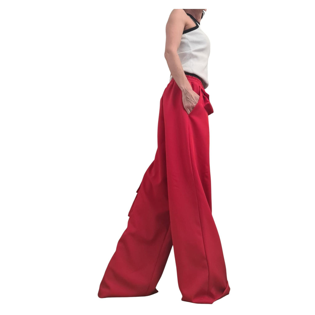 Red Cargo Trousers, Wide Leg, High Waist, Designer Bottoms