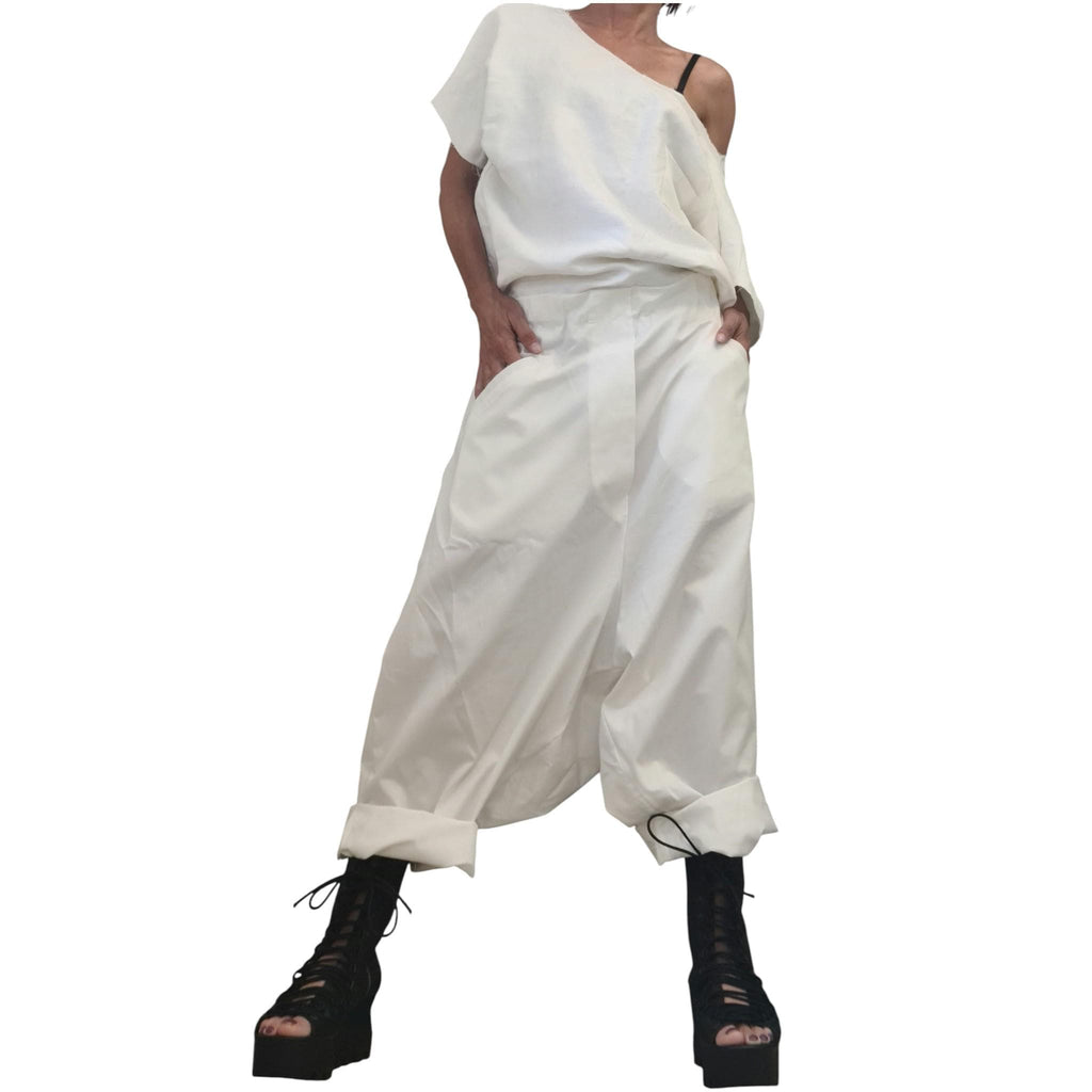 White Linen Harem Jumpsuit, Open Back Drop Crotch Overall, Sleeveless Loose Summer Romper