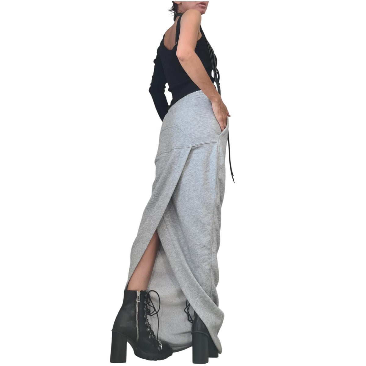Grey Cotton A-Line Slit Skirt, Asymmetric Maxi Length Sport Skirt