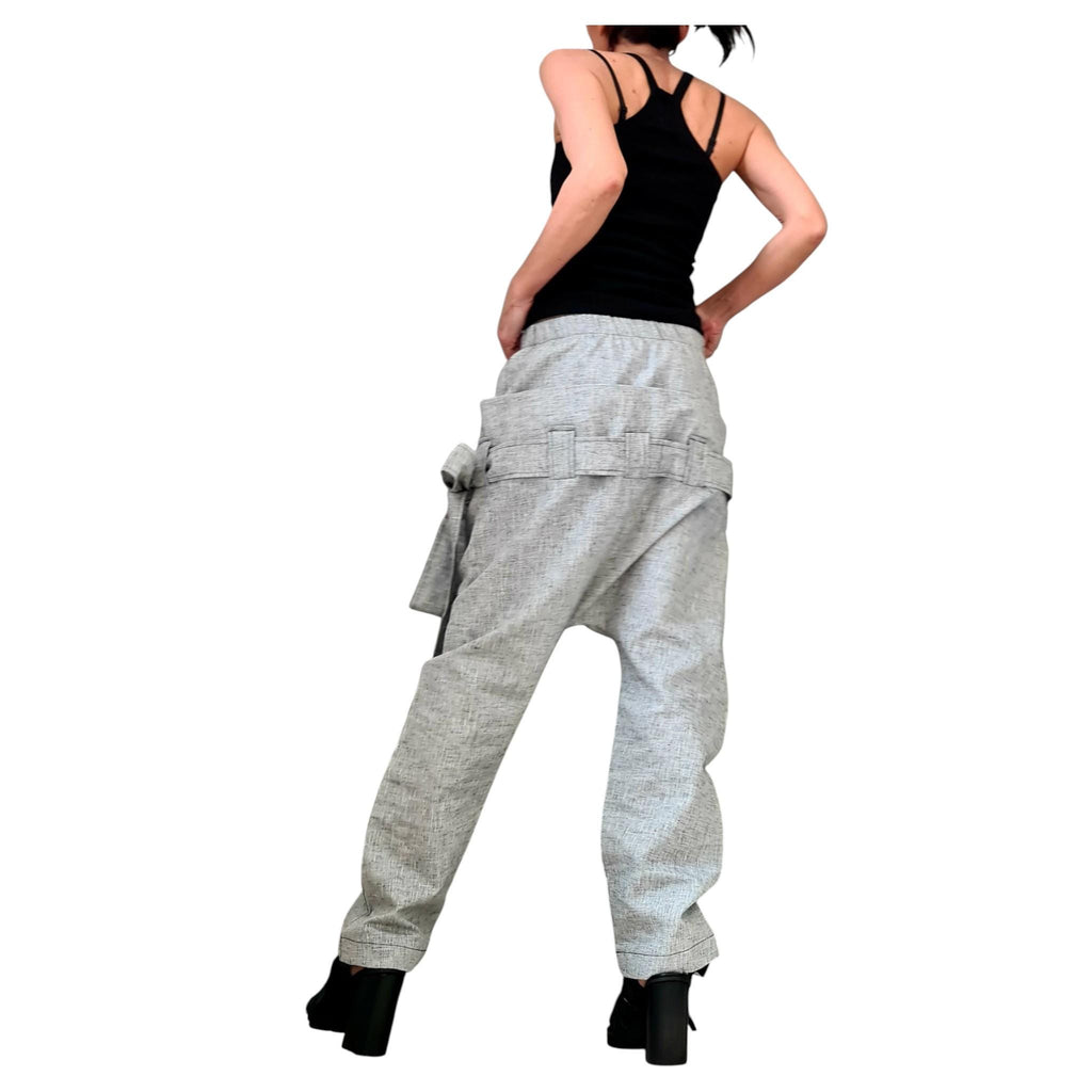 Linen Drop Crotch Pants, Double Waistband Trousers, Slim Tapered Leg