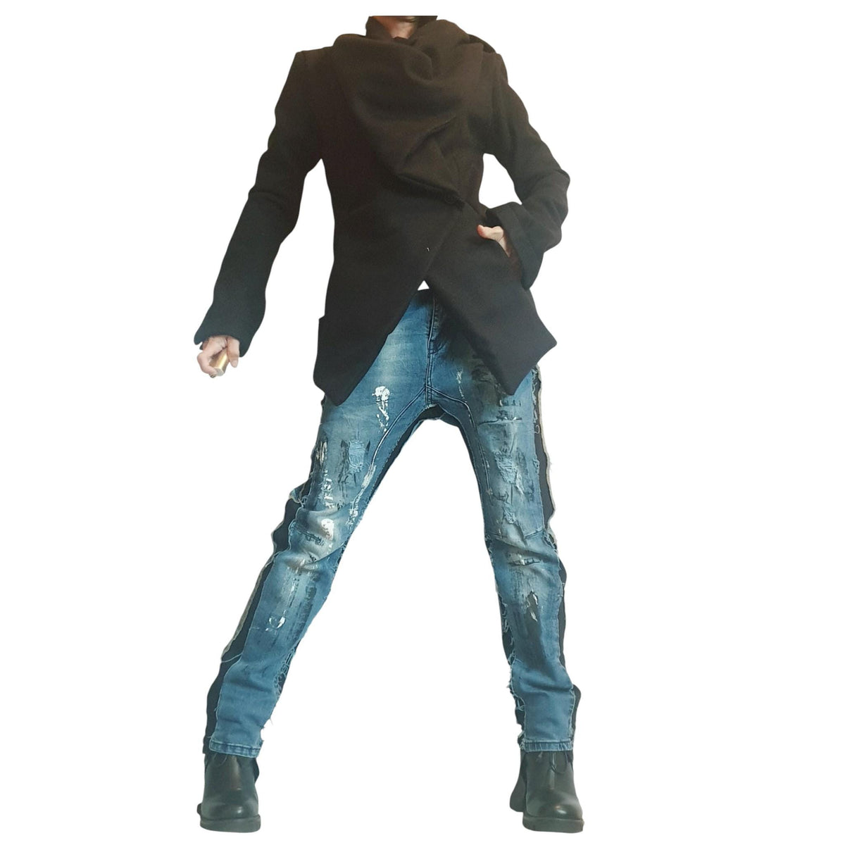 Black Asymmetrical Blazer, Tailored Jacket with Wide Shawl Collar, Button Closure